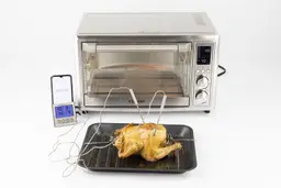 A tray of whole toaster oven roasted chicken. The thermometer has two probes inside the chicken and displays 178°F and 181°F.