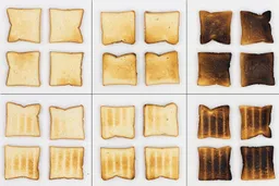  Hamilton Beach easy reach 4 slices toaster Toast From left to right, 24 pieces of toast for the top and bottom of three toast levels including lighter, medium, and darker.