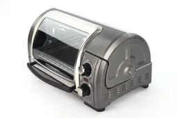 The top, front, and right sides of the Hamilton Beach 31344DA 4-Slice Easy Reach Roll Top Toaster Oven on a white background.