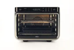 The front of a closed stainless steel Ninja DT201 Foodi XL Pro Air Convection Air Fryer Toaster Oven on a white background.