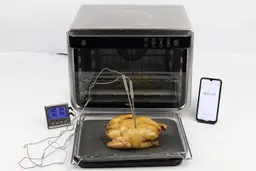 A tray of whole toaster oven roasted chicken. The thermometer has two probes inside the chicken and displays 194°F and 199°F.