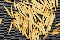 A close-up of pieces of baked french fries using the Ninja DT201 inside an air fryer basket and baking pan on a white background.