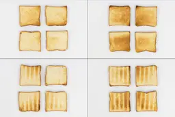 On the left are the top and bottom of four pieces of toast from the first batch, and on the right are from the second batch.