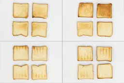 On the left are the top and bottom of four pieces of toast from the first batch, and on the right are from the second batch.