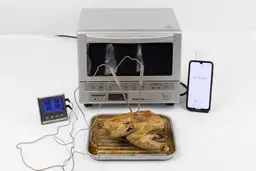 A tray of whole toaster oven roasted chicken. The thermometer has two probes inside the chicken and displays 196°F and 198°F.