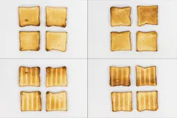 On the left are four pieces of toast from the first batch, and on the right are from the second batch. On the upper row are the top sides, and on the lower row are the bottom sides.