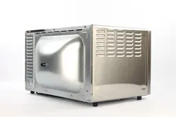 On a white background, the back and the left sides of a closed stainless steel Oster TSSTTVFDDG XL Digital French Door Convection Toaster Oven both have air ventilation holes. The back side has a black buffer.