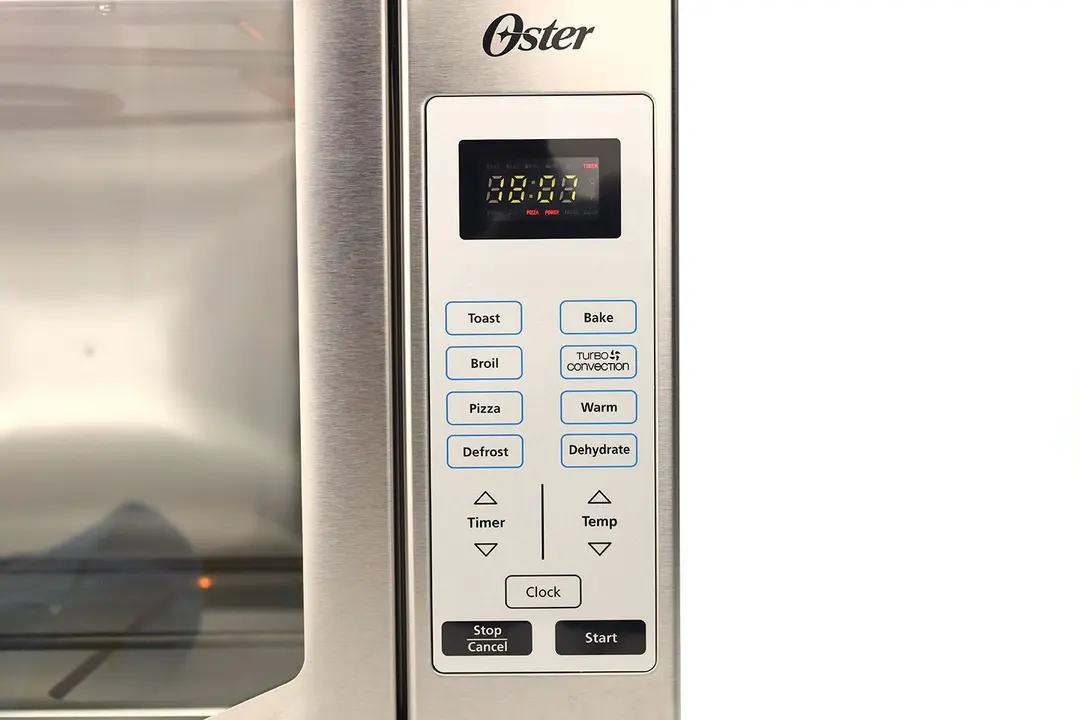 The control panel of the Oster TSSTTVFDDG Toaster Oven has an LCD and 15 flat buttons for Toast, Bake, Broil, Turbo Convection, Pizza, Warm, Defrost, Dehydrate, Timer, Temp, Clock, Stop/Cancel, and Start.