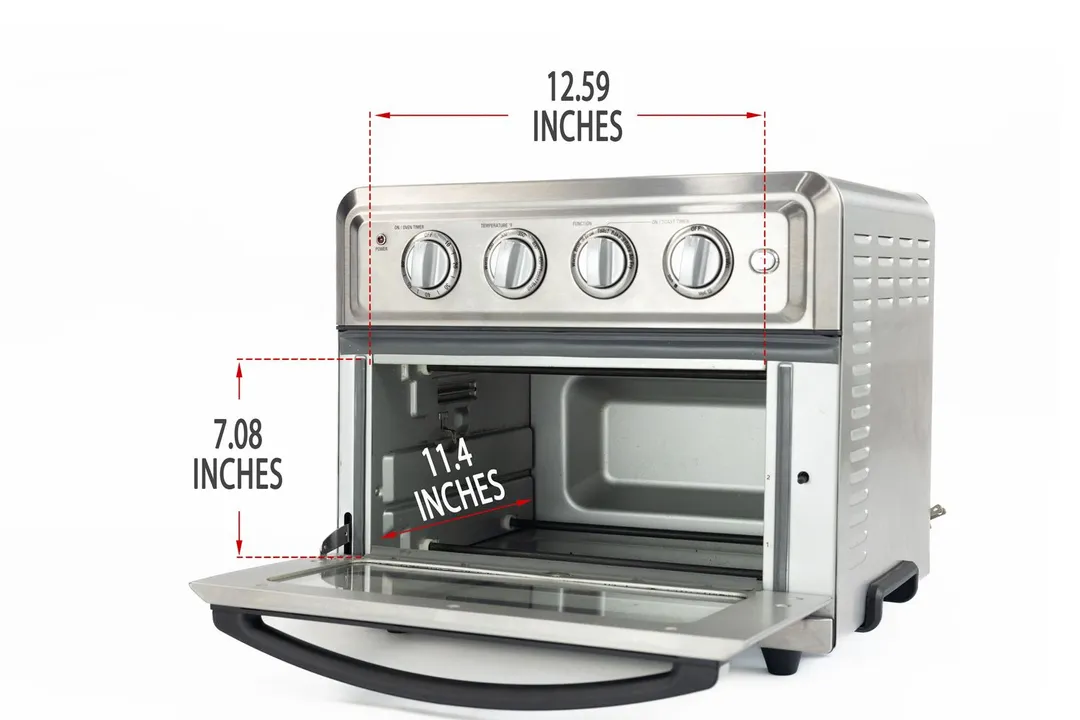 An opened front of the Cuisinart TOA-60 Convection Toaster Oven Air Fryer on a white background. The cooking chamber is 12.59 inches long, 11.4 inches wide, and 7.08 inches high.