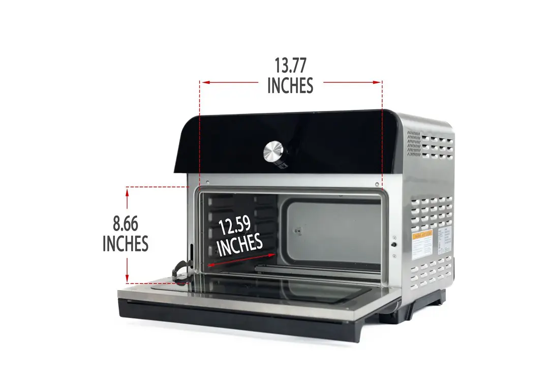 An opened front of the Instant Omni Plus 18L 10-in-1 Air Fryer Toaster Oven with interior measurements on a white background.
