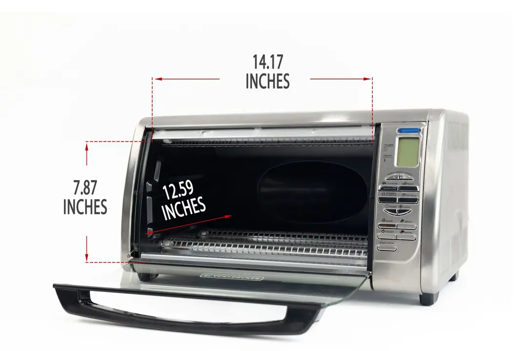 An opened front of the BLACK+DECKER CTO6335S Convection Toaster Oven with interior measurements on a white background.