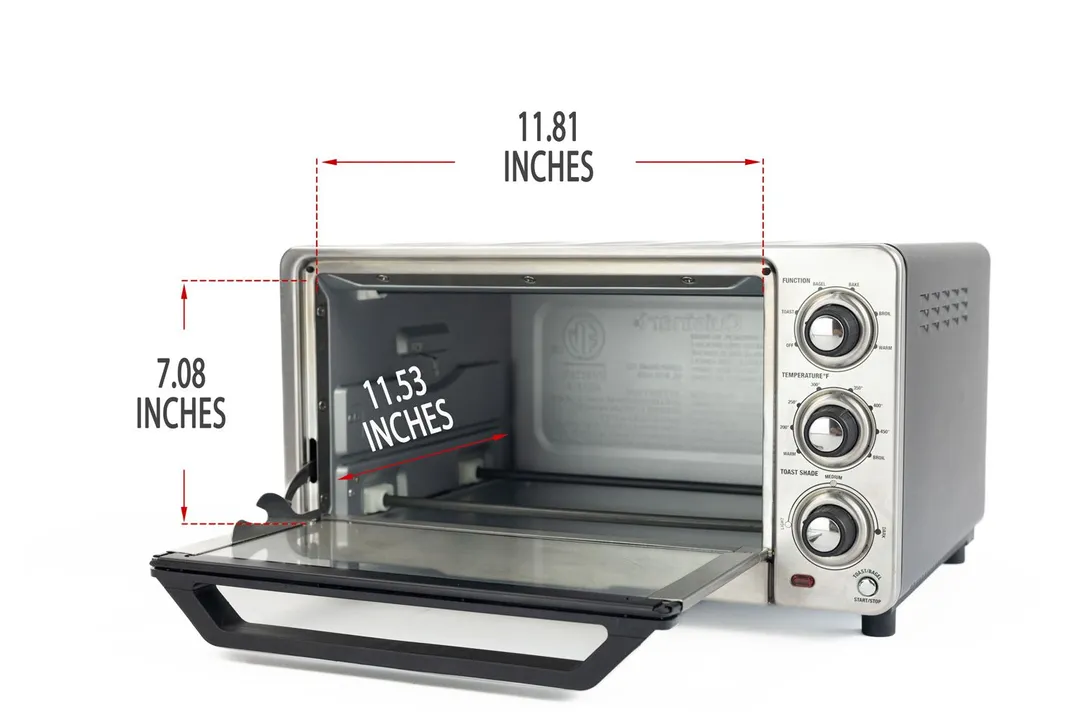 An opened front of the Cuisinart TOB-40N Custom Classic Toaster Oven with interior measurements on a white background.