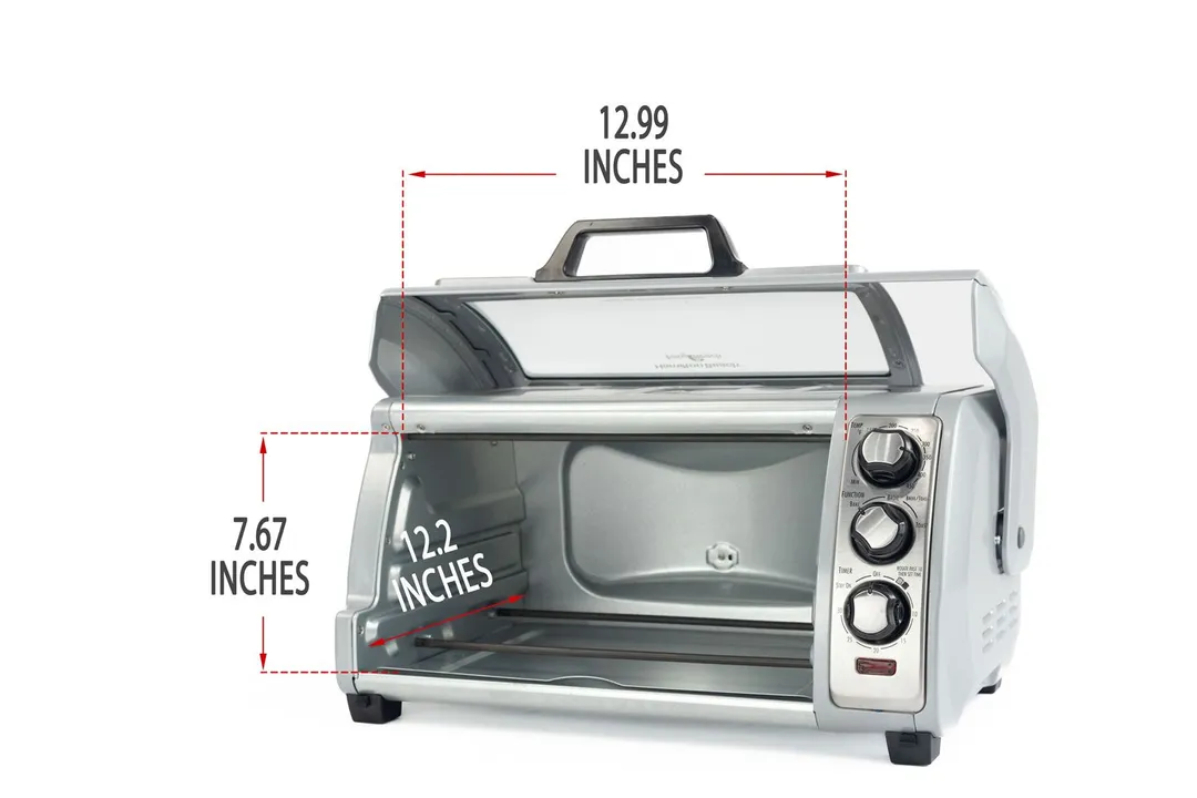 An opened front of the Hamilton Beach 31127D 6-Slice Roll Top Toaster Oven with interior measurements on a white background.