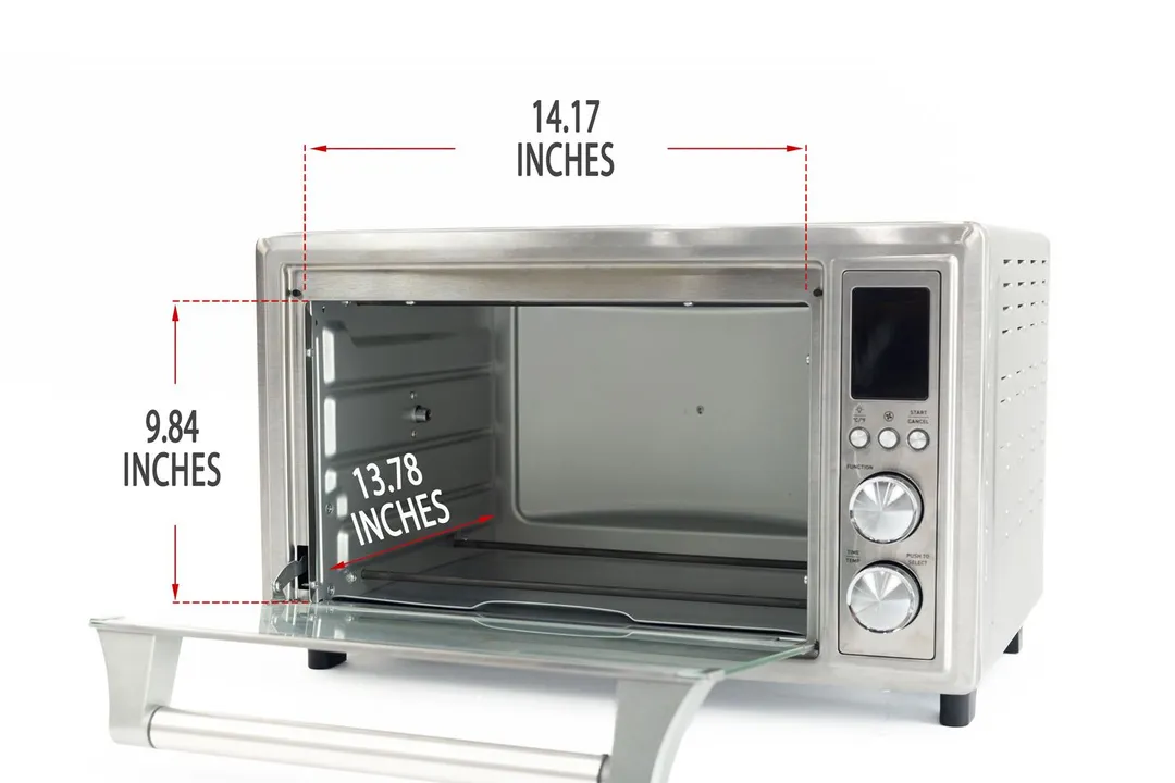 An opened front of the Cosori CO130-AO 30L 12-In-1 Rotisserie Toaster Oven with interior measurements on a white background.