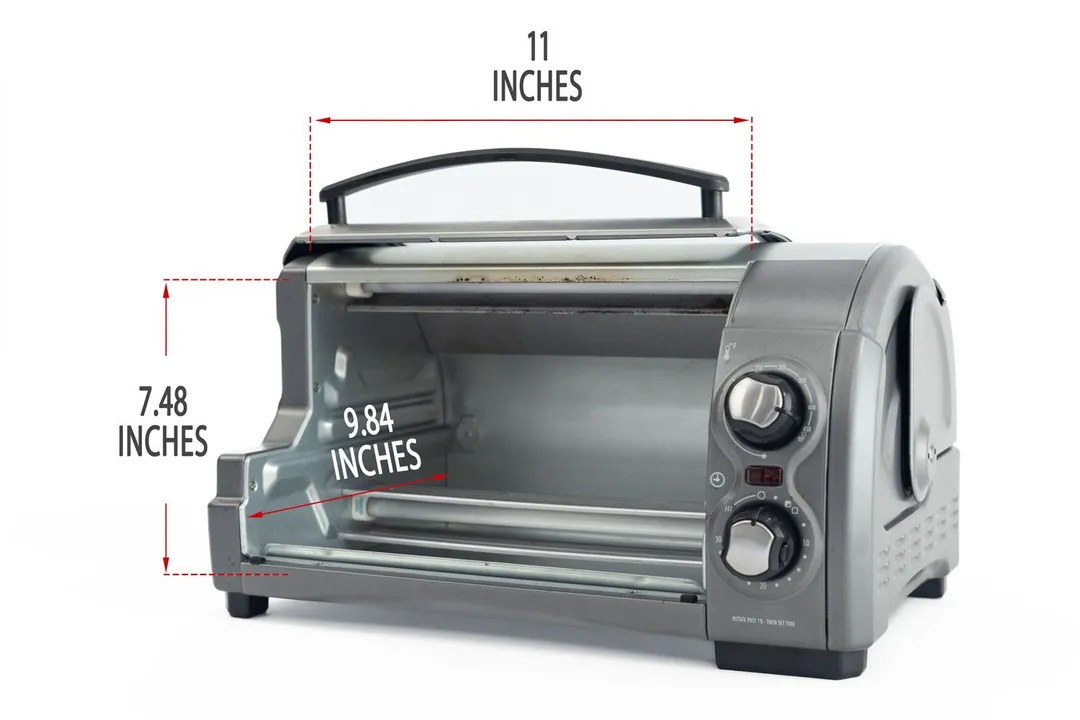 An opened front of the Hamilton Beach 31344DA 4-Slice Roll Top Toaster Oven with interior measurements on a white background.