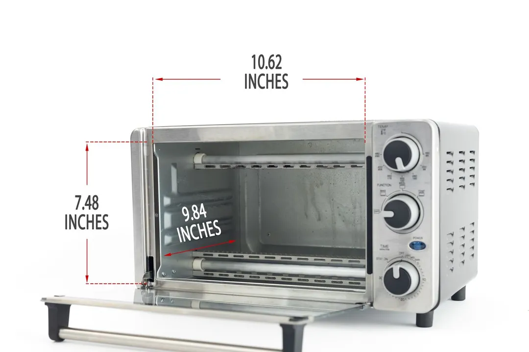 An opened front of the stainless steel Mueller MT-175 4-Slice Toaster Oven with interior measurements on a white background.