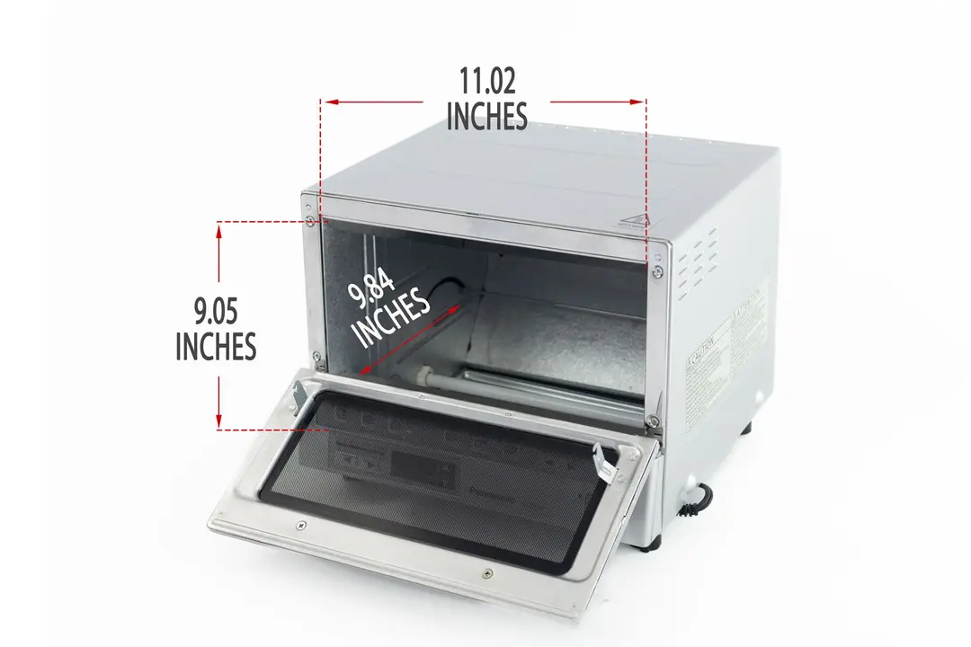 An opened front of the Panasonic NB-G110P FlashXpress Compact Toaster Oven with interior measurements on a white background.