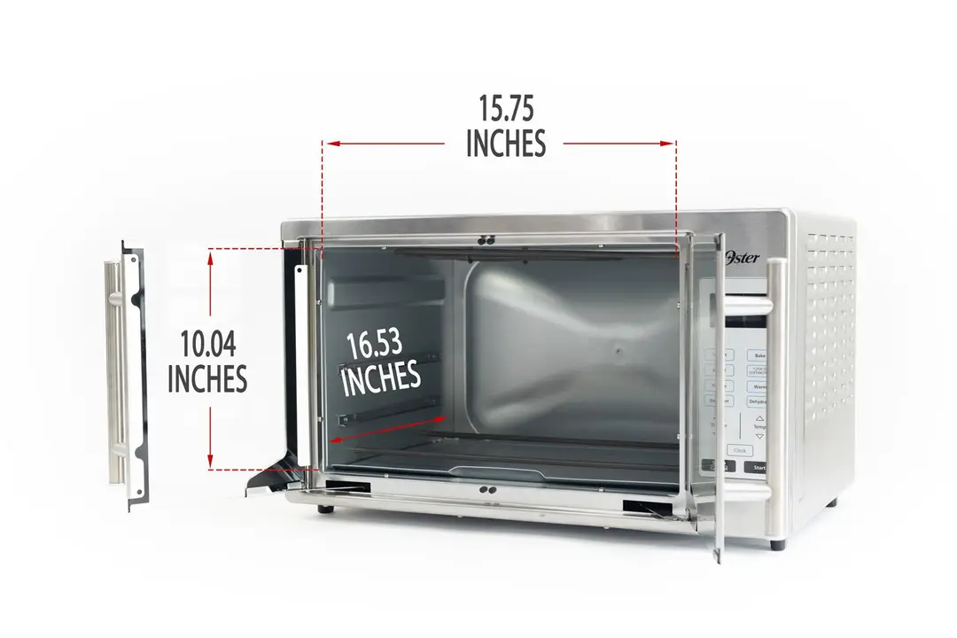 An opened front of the Oster TSSTTVFDDG XL Digital French Door Convection Toaster Oven on a white background. The cooking chamber is 15.75 inches long, 16.53 inches wide, and 10.04 inches high.