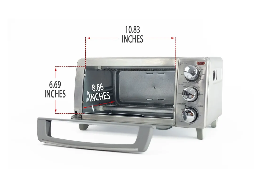 An opened front of the Black+Decker TO1760SS 4-Slice Toaster Oven with interior measurements on a white background.