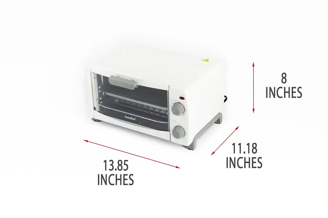 A closed front of the white Comfee CFO-BB101 Compact Toaster Oven with exterior measurements on a white background.