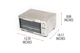 A closed front of the Breville BOV450XL Mini Smart Toaster Oven with exterior measurements on a white background