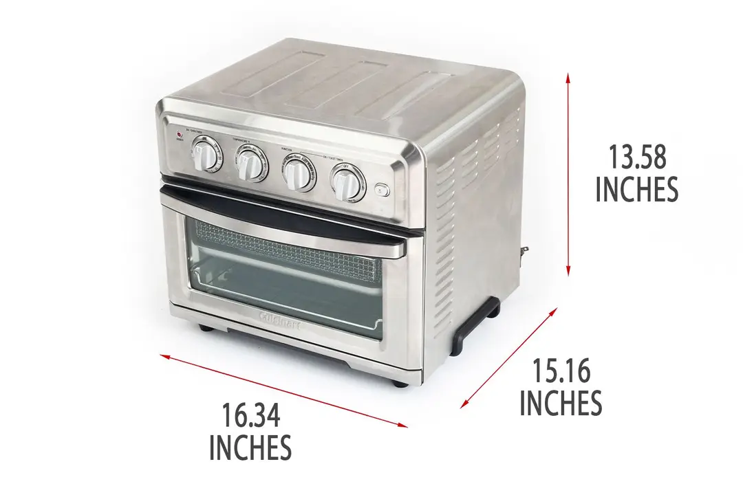 A closed front of the Cuisinart TOA-60 Convection Toaster Oven Air Fryer on a white background. The exterior is 16.34 inches long, 15.16 inches wide, and 13.58 inches high.