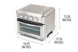 A closed front of the Cuisinart TOA-60 Convection Toaster Oven Air Fryer on a white background. The exterior is 16.34 inches long, 15.16 inches wide, and 13.58 inches high.