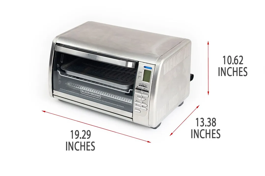 A closed front of the Black+Decker CTO6335S Convection Toaster Oven with exterior measurements on a white background.