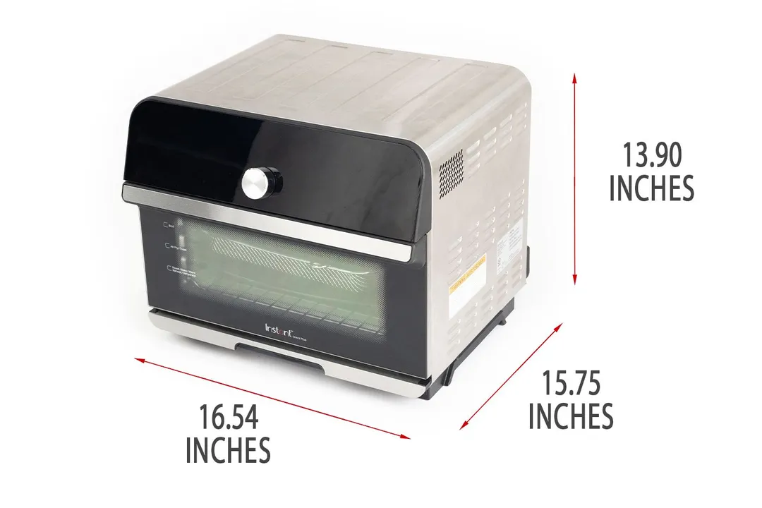 A closed front of the Instant Omni Plus 18L 10-in-1 Air Fryer Toaster Oven with exterior measurements on a white background.