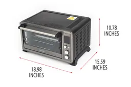 A closed front of the Toshiba AC25CEW-BS Convection Toaster Oven with exterior measurements on a white background.