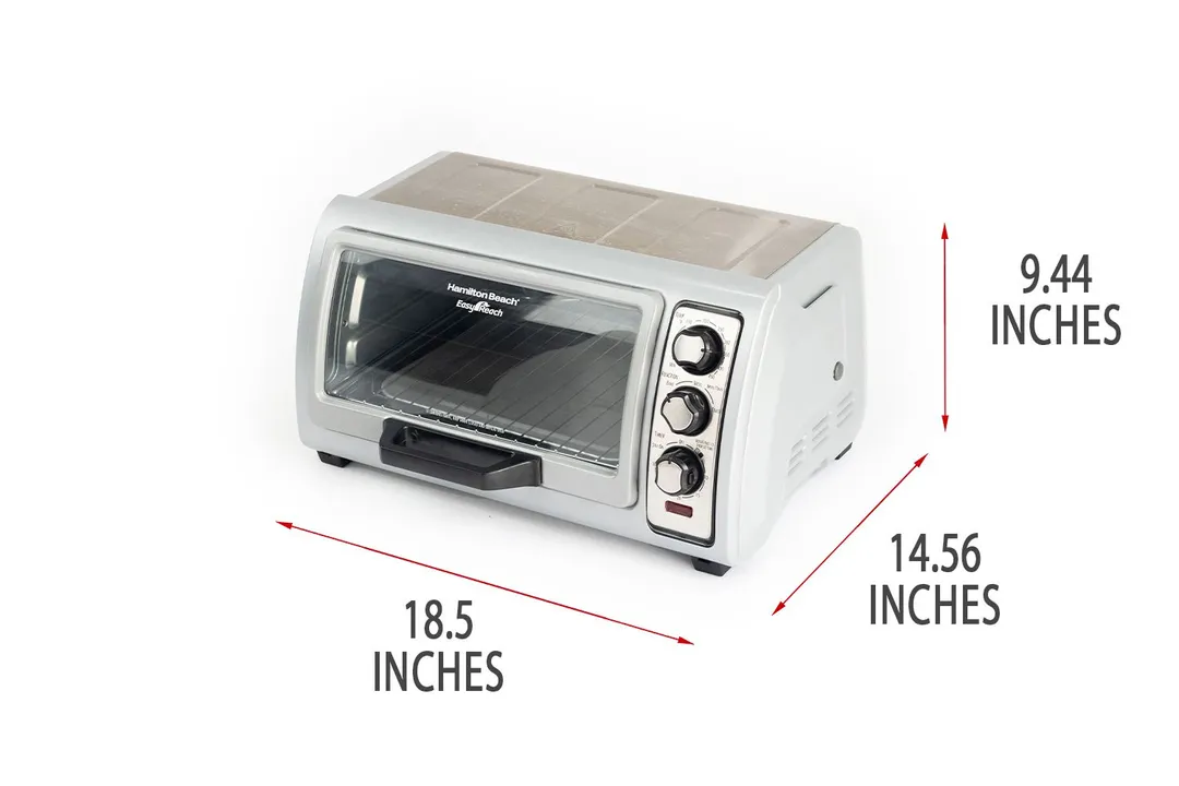 A closed front of the Hamilton Beach 31127D 6-Slice Roll Top Toaster Oven with exterior measurements on a white background.
