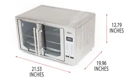 An closed front of the Oster TSSTTVFDDG XL Digital French Door Convection Toaster Oven on a white background. The exterior is 16.75 inches long, 21.53 inches wide, and 12.79 inches high.