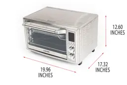 A closed front of the Cosori CO130-AO 30L 12-In-1 Air Fryer Toaster Oven with exterior measurements on a white background.