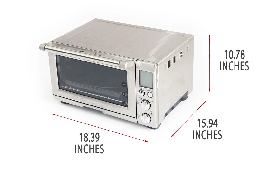 A closed front of the Breville BOV845BSSUSC Smart Convection Toaster Oven with exterior measurements on a white background.