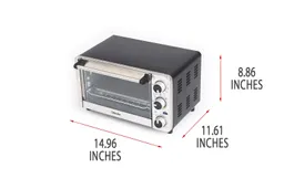 A closed front of the stainless steel Mueller MT-175 4-Slice Toaster Oven with exterior measurements on a white background.