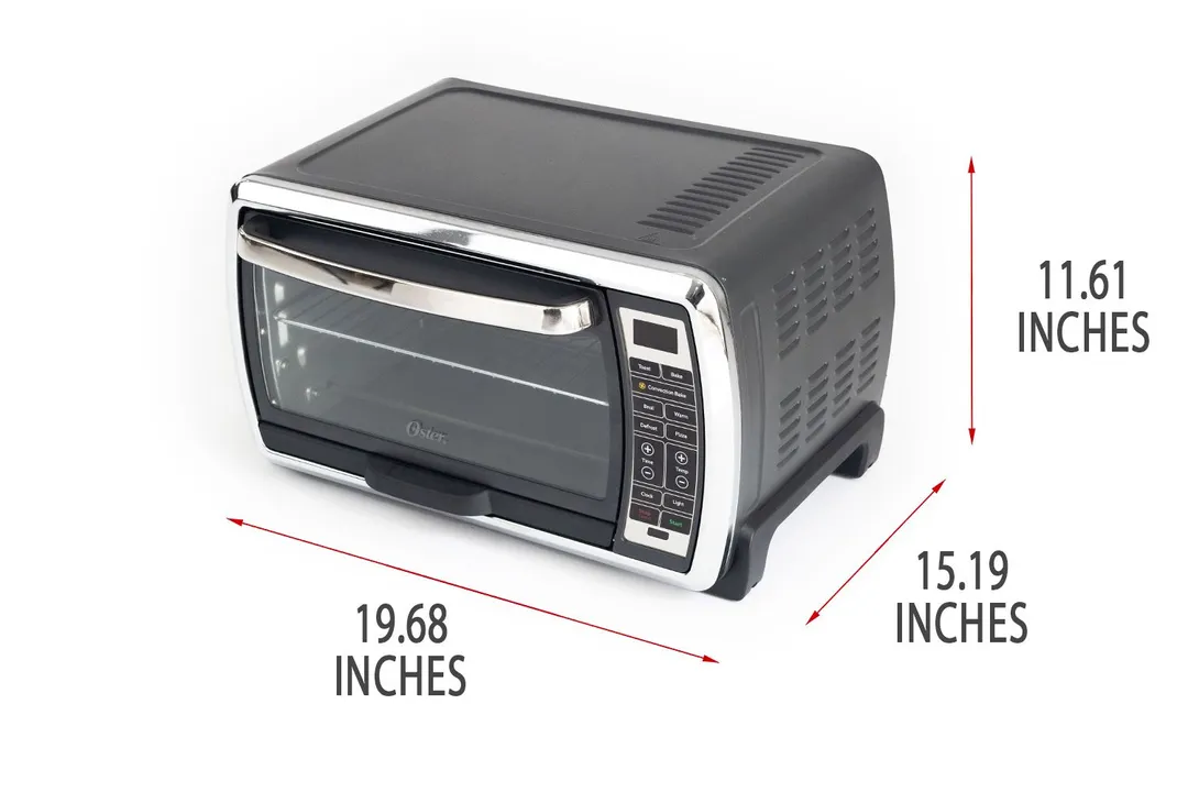 A closed front of the Oster TSSTTVMNDG-SHP-2 Large Convection Toaster Oven with exterior measurements on a white background.