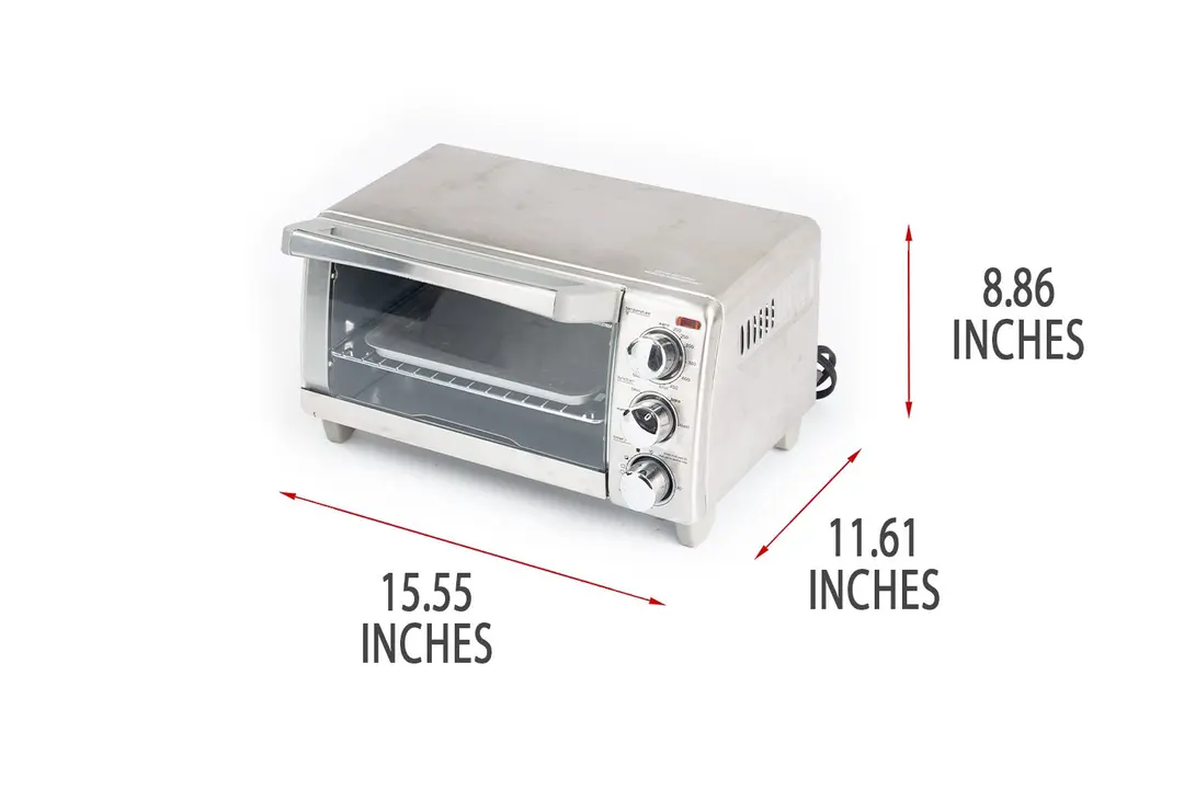 A closed front of the Black+Decker TO1760SS Natural Convection Toaster Oven with exterior measurements on a white background.