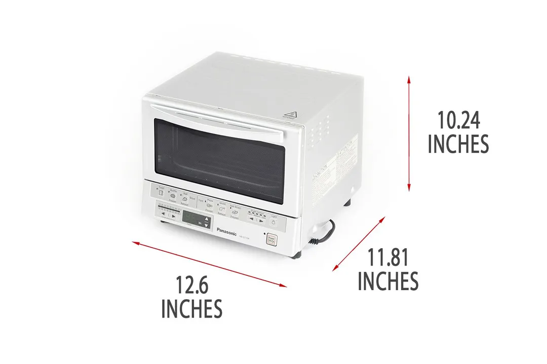 A closed front of the Panasonic NB-G110P FlashXpress Compact Toaster Oven with exterior measurements on a white background.
