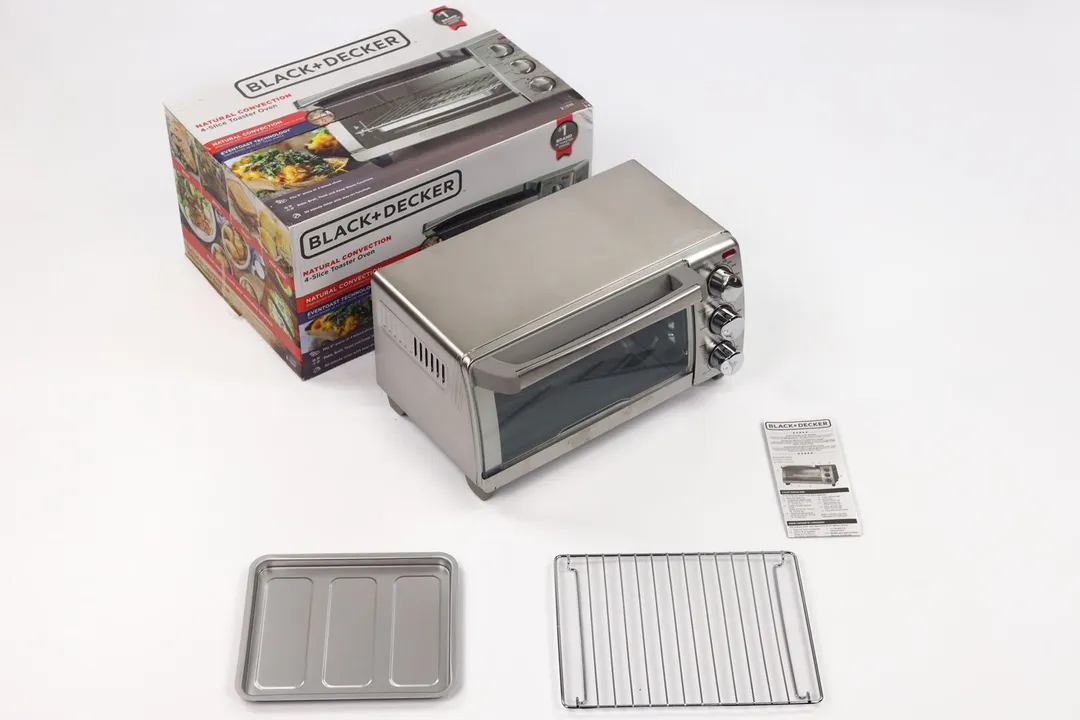 A box, the Black+Decker TO1760SS 4-Slice Natural Convection Toaster Oven, a user manual, a baking pan, and an oven rack.
