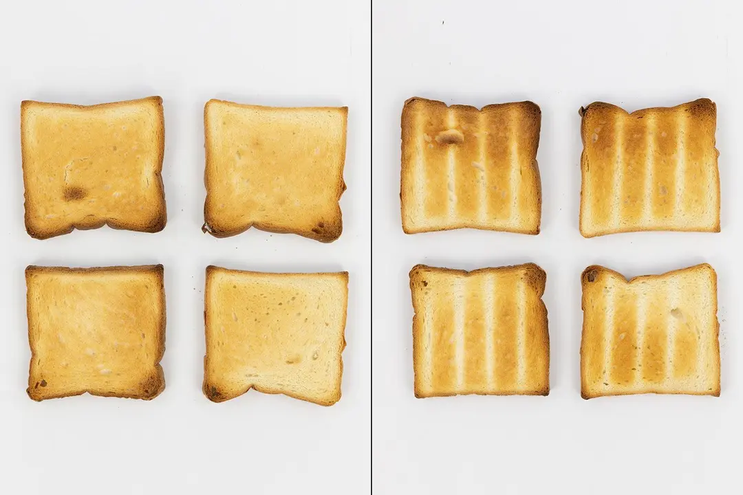 The best four pieces of toast from the Oster TSSTTVFDDG XL Digital French Door Convection Toaster Oven. On the left are the top sides, and on the right are the bottom sides of the toast.