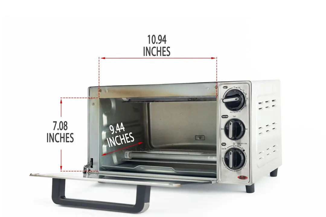 An opened front of the Hamilton Beach 31401 4-Slice Countertop Toaster Oven with interior measurements on a white background.