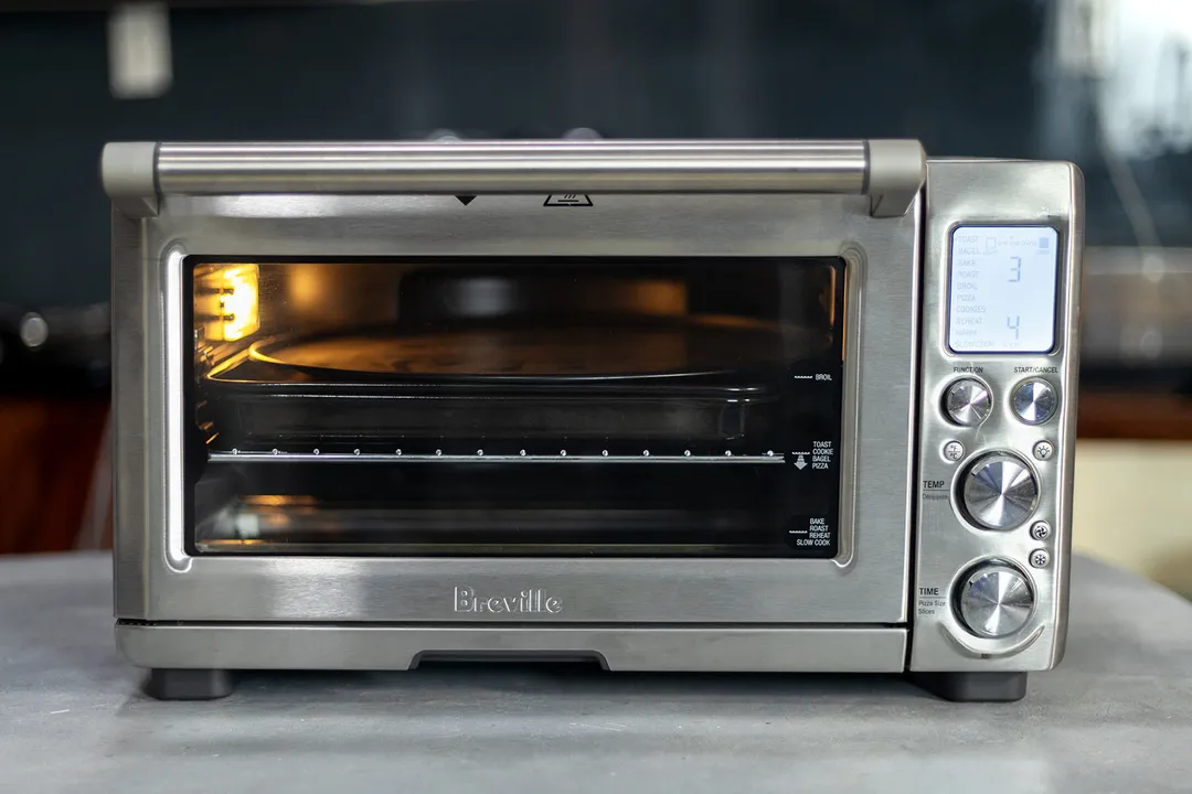 The front of a closed stainless steel Breville BOV845BSS Smart Oven Pro Convection Toaster Oven.