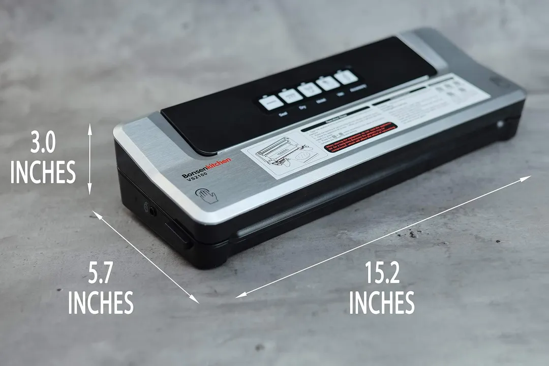 The dimensions of the BonsenKitchen VS2100 vacuum sealer. Its length is marked as 15.2 inches, width is 5.7 inches, and height is 3.0 inches.