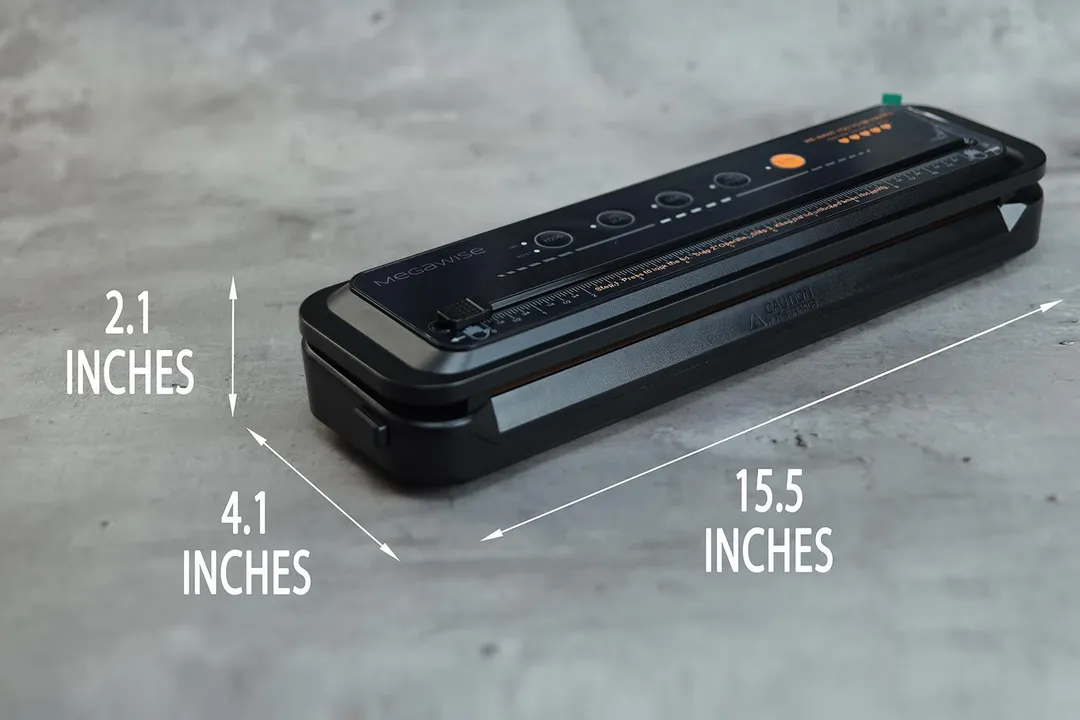 The Megawise VS6621 is considered a compact vacuum sealer, measuring 15.5 inches in length, 4.1 inches in width, and is 2.1 inches tall.