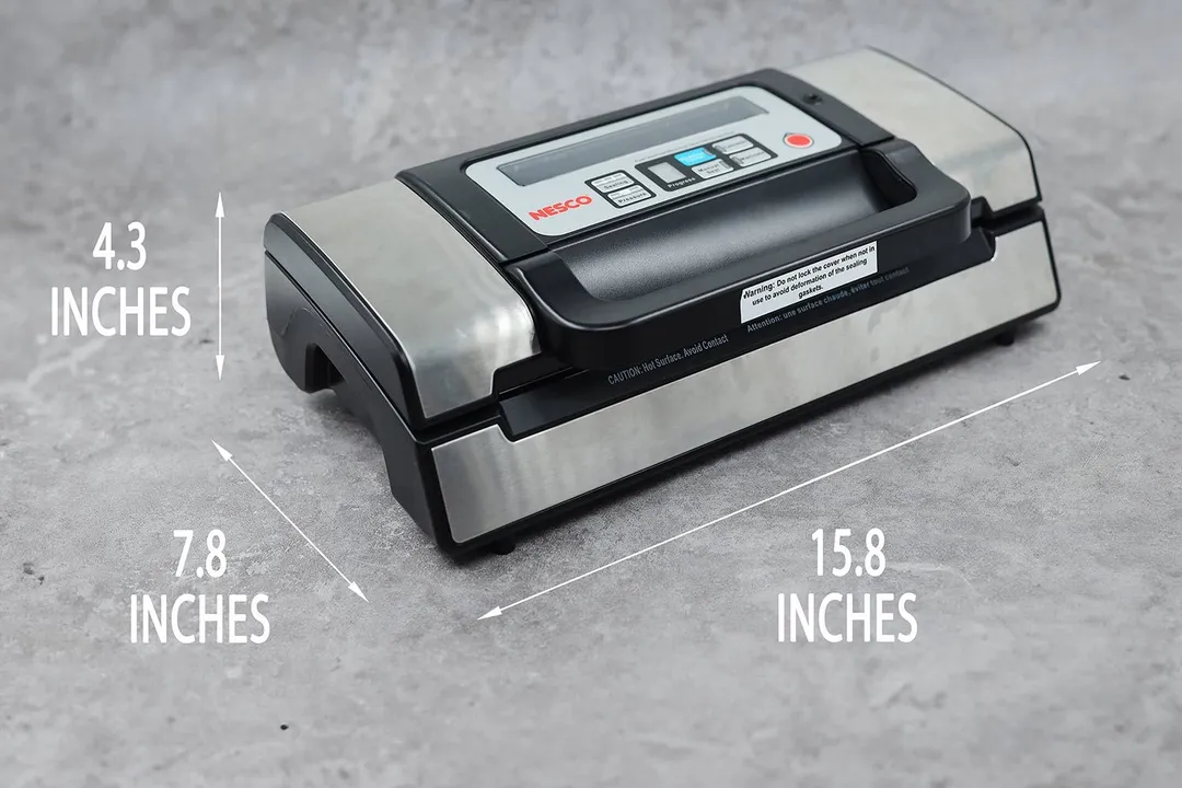 The dimensions of the Nesco VS-12 sealer. Its length is 15.8 inches, width is 7.8 inches, and the height is 4.3 inches.