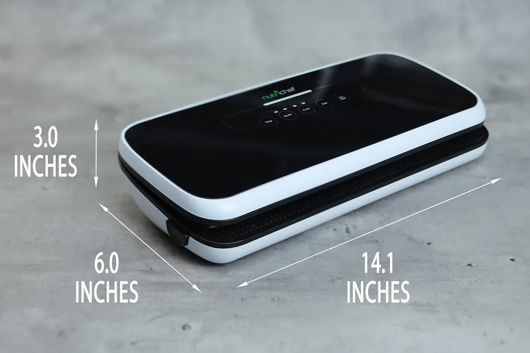 The dimensions of the Nutrichef PKVS18BK. It is of about average size, measuring 14.1 inches in length, 6 inches in width, and is 3 inches tall.