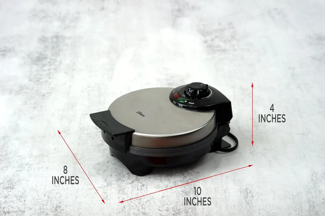 The physical dimensions of the Oster Belgian waffle maker. The length is 10 inches, height 4 inches, and width 8 inches.