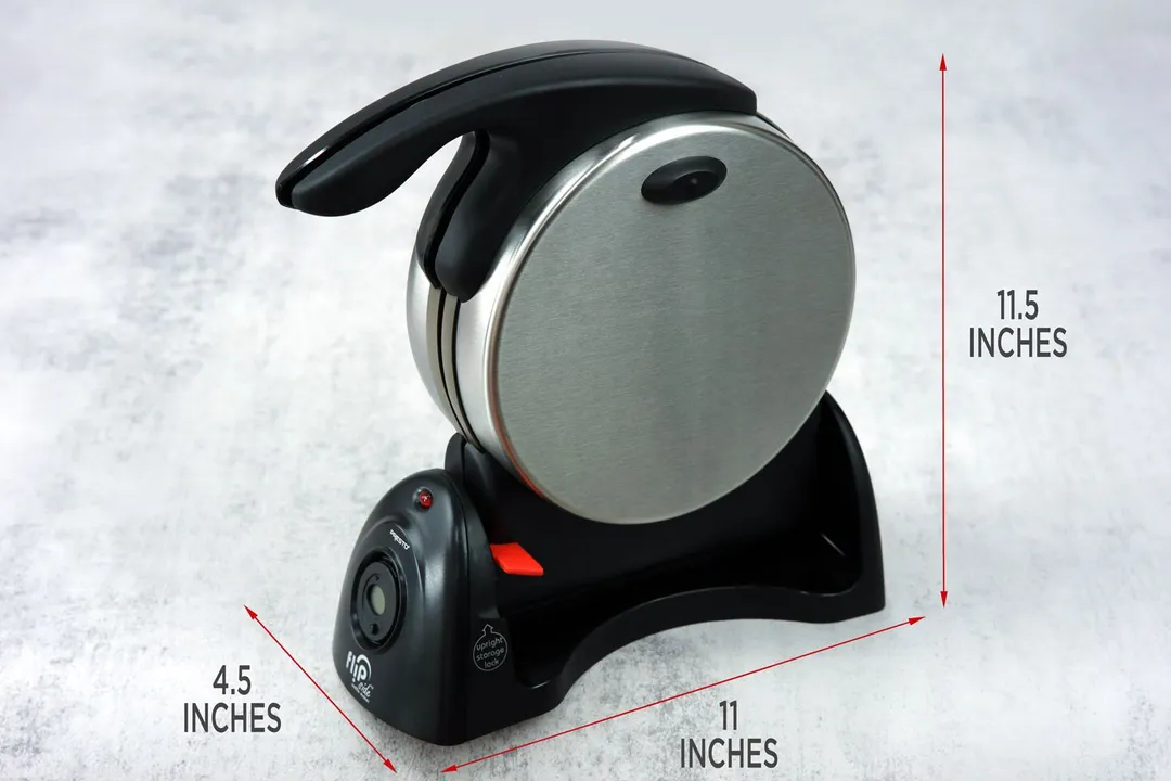 The Presto waffle maker’s dimensions in vertical form. Length is 11 inches, height is 11.5 inches, and width is 4.5 inches.