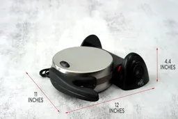 The Presto waffle maker’s dimensions in horizontal form. Length is 12 inches, height is 4.4 inches, and width is 11 inches.