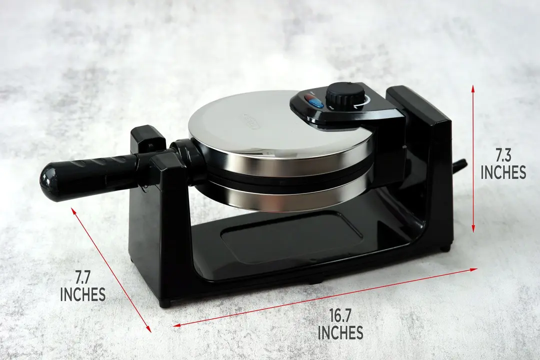 The Bella rotating Belgian waffle maker (13991) with measurements marked next to it. The height is 7.3 inches, length is 16.7 inches, and width is 7.7 inches.